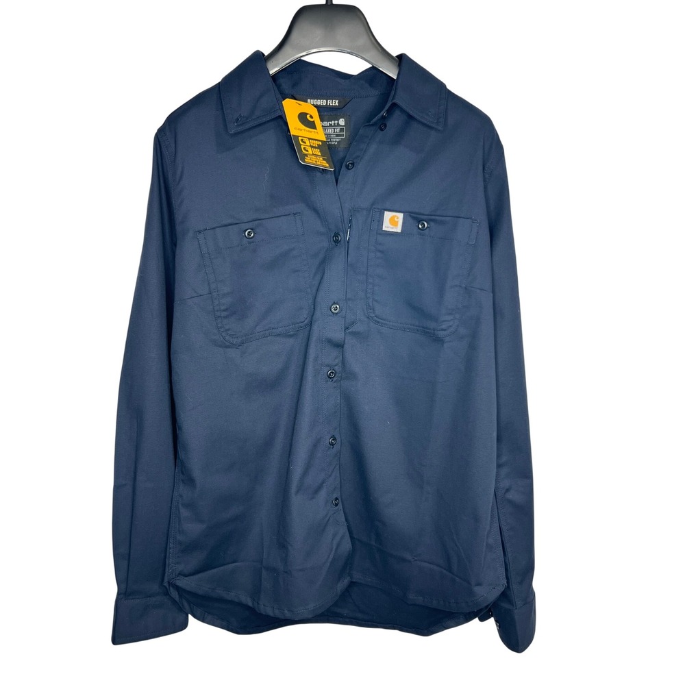 Carhartt Rugged Flex Work Shirt Womens S Navy Blue Canvas Utility Button Up NWT